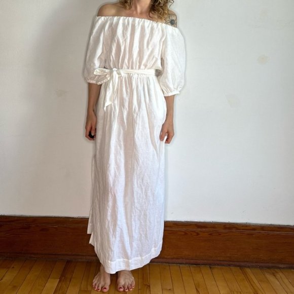 Topshop White Linen Off the Shoulder Belted Maxi Dress With Pockets - Picture 1 of 13
